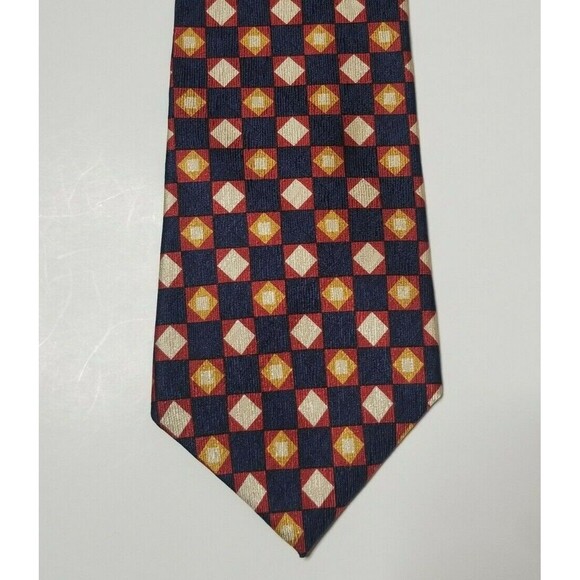 Valentino 100% Silk Mens Tie Necktie Blue Gold Red Geometric Squares Diamonds - Picture 2 of 6